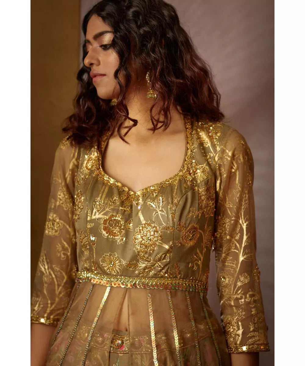 MOLEDRO - Jheel Lehenga Set - Mouse Grey Floral Anarkali Lehenga